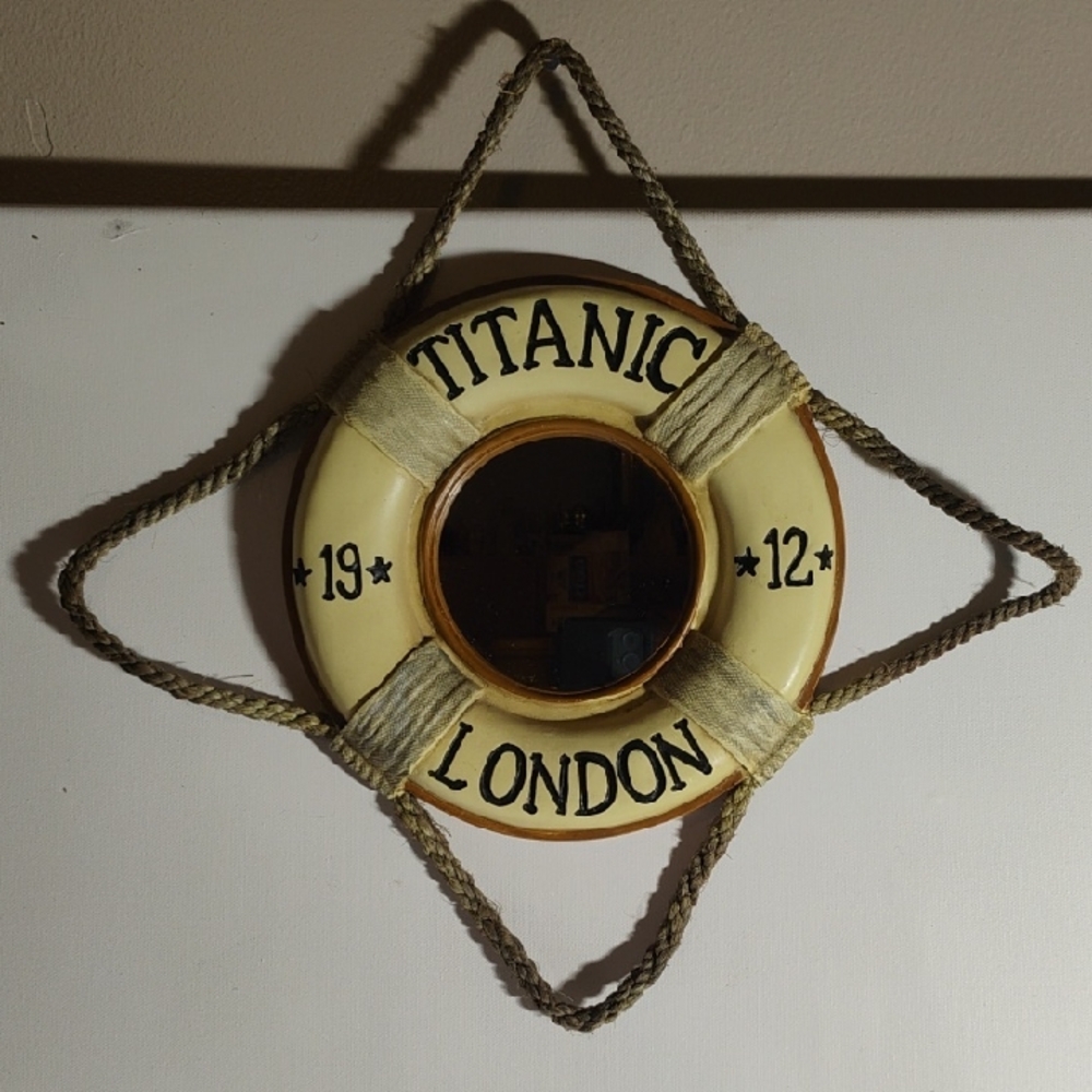 Titanic 1912 Nautical Mirror Cream and Brown Life Ring Wall Decor Vintage